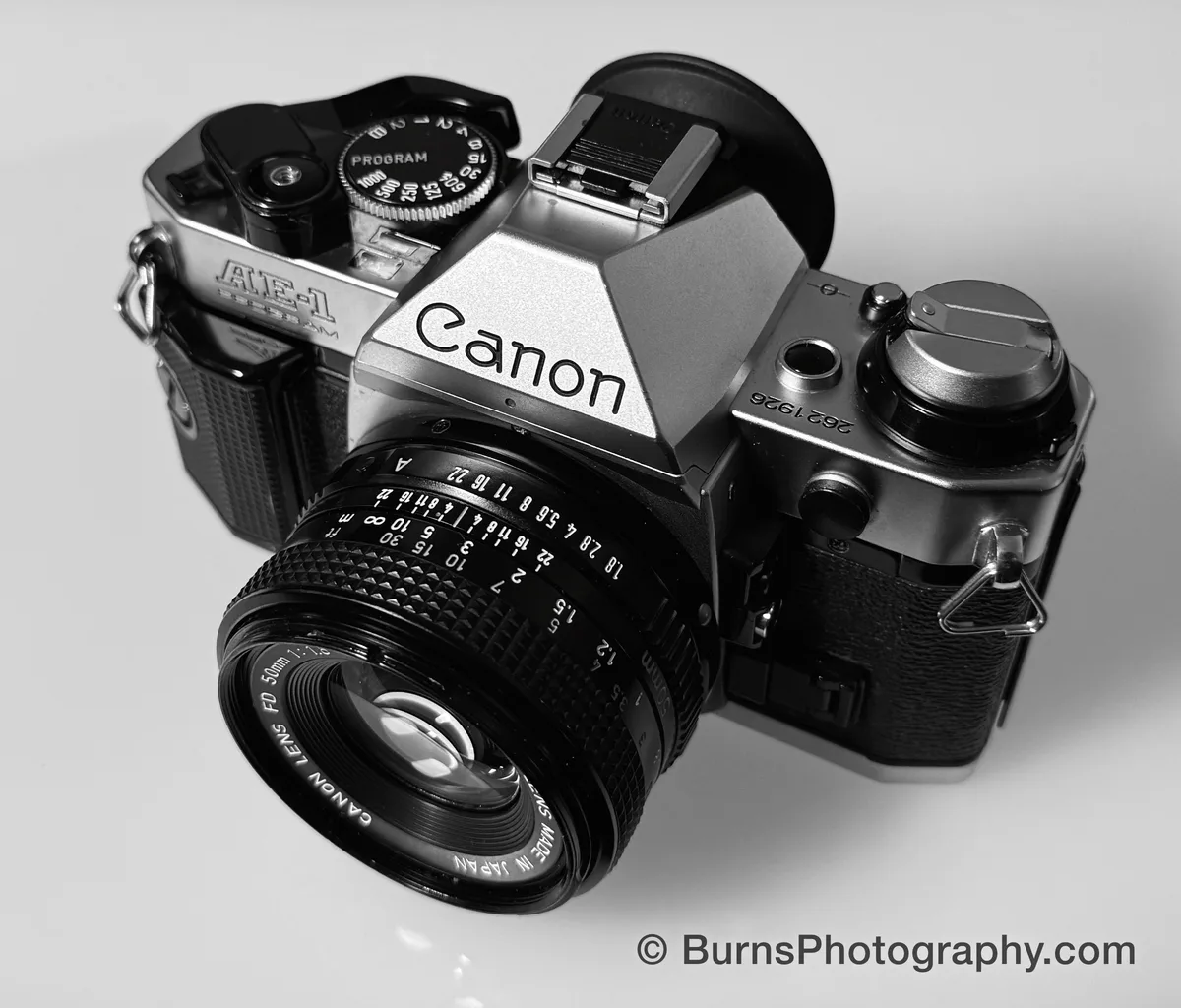 A Canon AE-1 Program film camera with 50mm FD lens