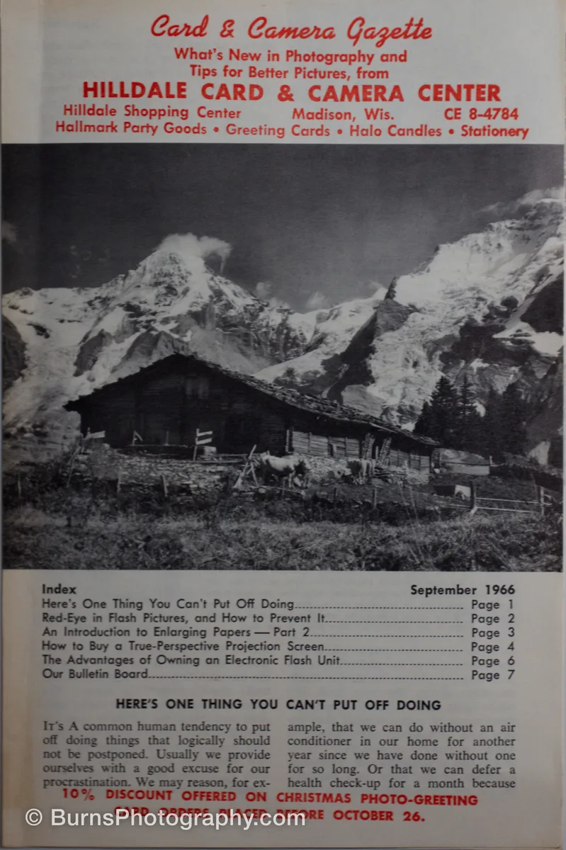 Vintage newsletter page with red headline type and a black-and-white photo of an alpine chalet below snowy peaks