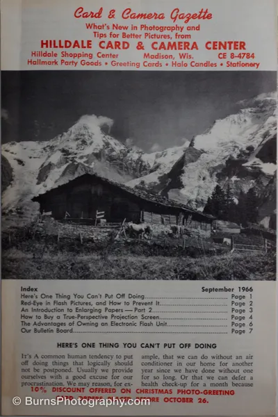 Vintage newsletter page with red headline type and a black-and-white photo of an alpine chalet below snowy peaks