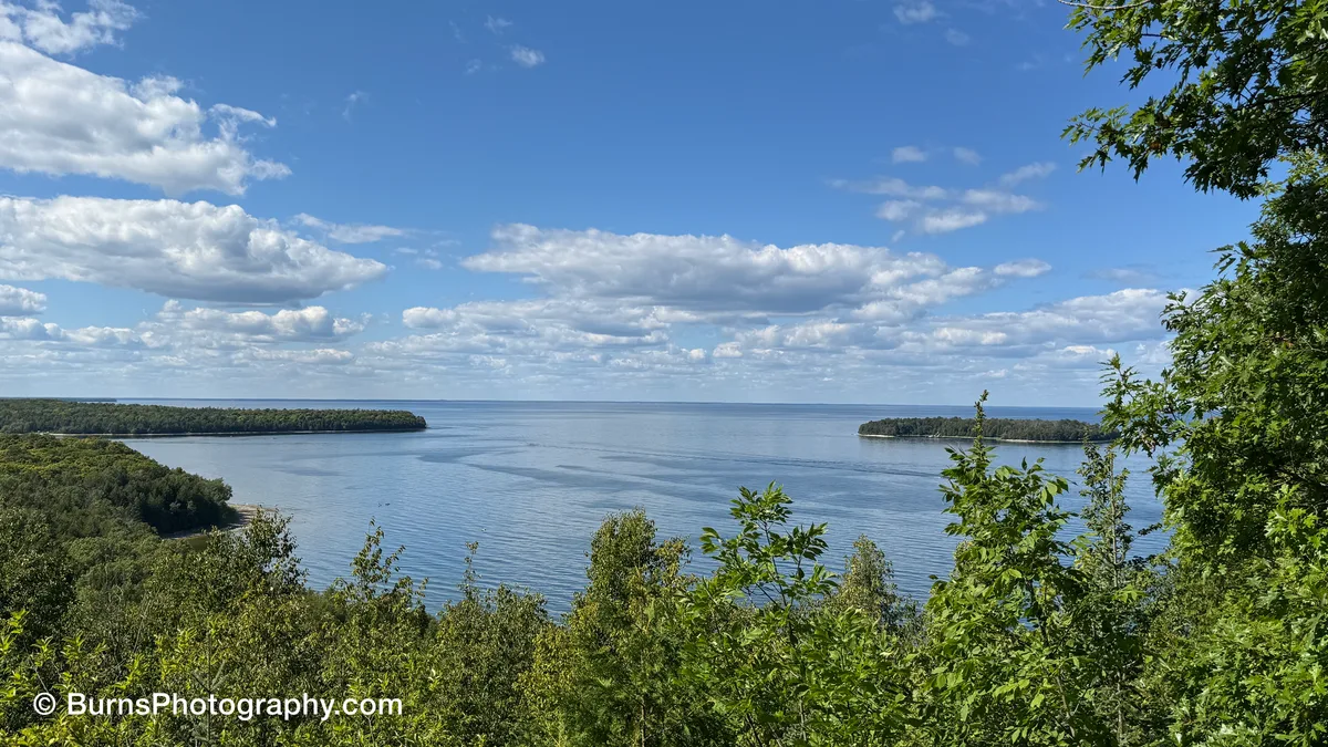 Elevated view over a blue bay framed by green treetops, wooded points and an island under scattered clouds