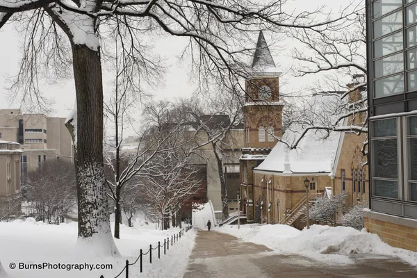 Snow-covered campus hill with cleared path, chain fence, bare trees and a sandstone clock tower building