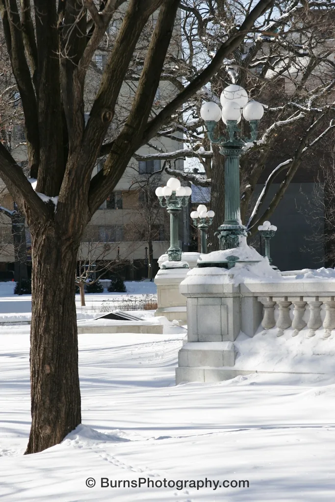 Green cast-iron lamp posts with white globes along a stone balustrade in deep snow, bare tree in foreground