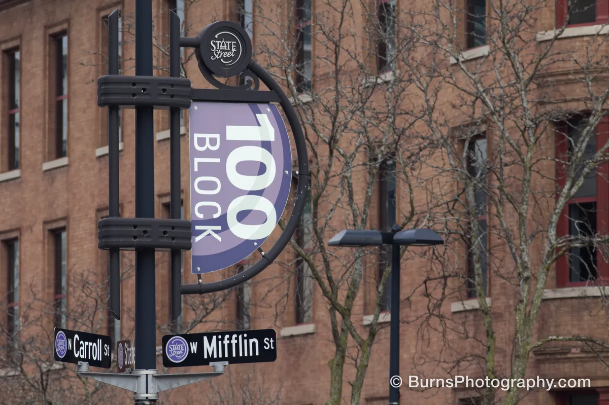 Purple "100 Block" State Street banner on a black post with N Carroll St and W Mifflin St signs, brick building behind
