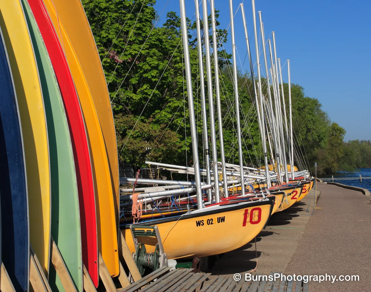Row of yellow sailboats on dollies beside a lakeside path, stacked colored hulls at left, blue sky