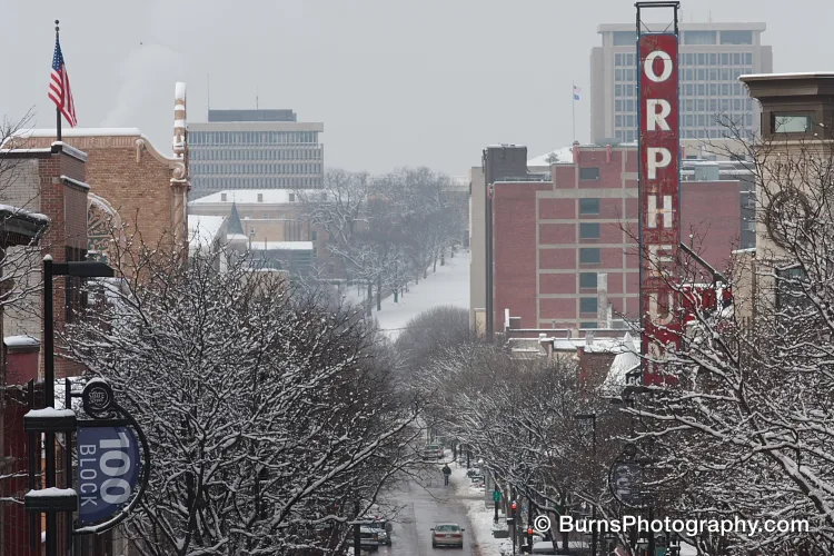 Snowy downtown street lined with bare trees, vertical Orpheum theater sign and brick buildings under gray sky