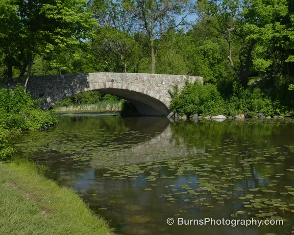 Stone arch bridge over a calm green lagoon covered in lily pads, surrounded by leafy summer trees