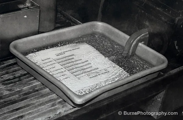 Black-and-white print of a bar chart rinsing in a water-filled darkroom tray with a siphon hose