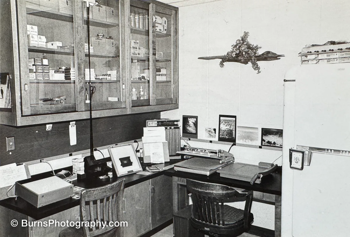 Zoology Photo Lab's finishing area with glass-front cabinets, work counter, wooden chairs, paper cutter, and prints on wall